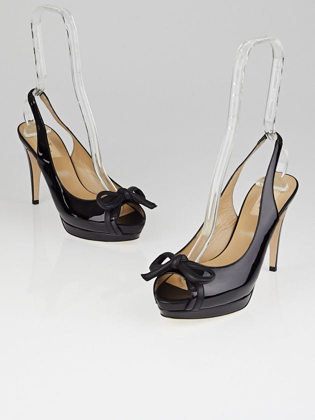 Valentino Black Patent Leather Bow Peep Toe Slingback Pumps Size 8/38.5