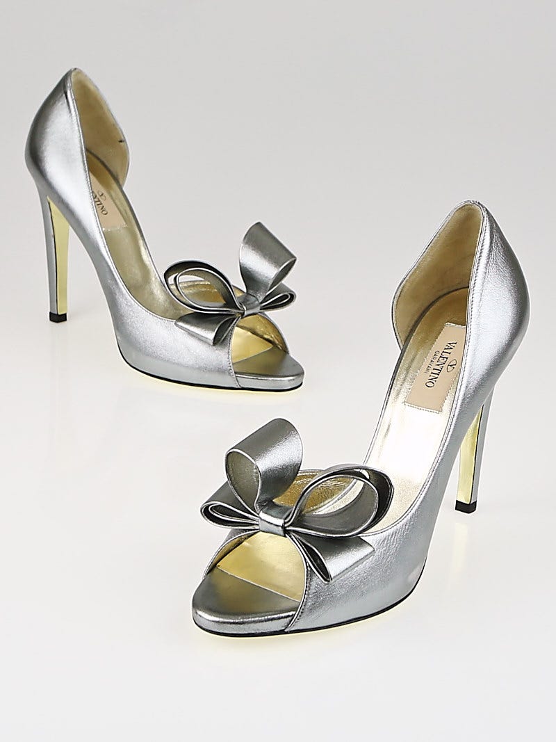 Valentino Metallic Silver Leather Couture Bow d'Orsay Pumps Size