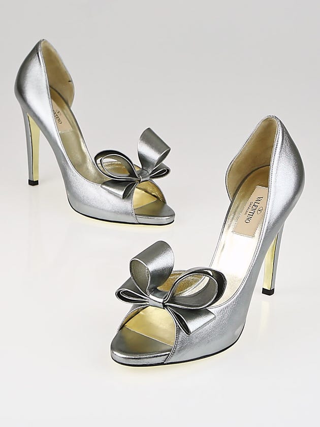 Valentino Metallic Silver Leather Couture Bow d'Orsay Pumps Size 7.5/38