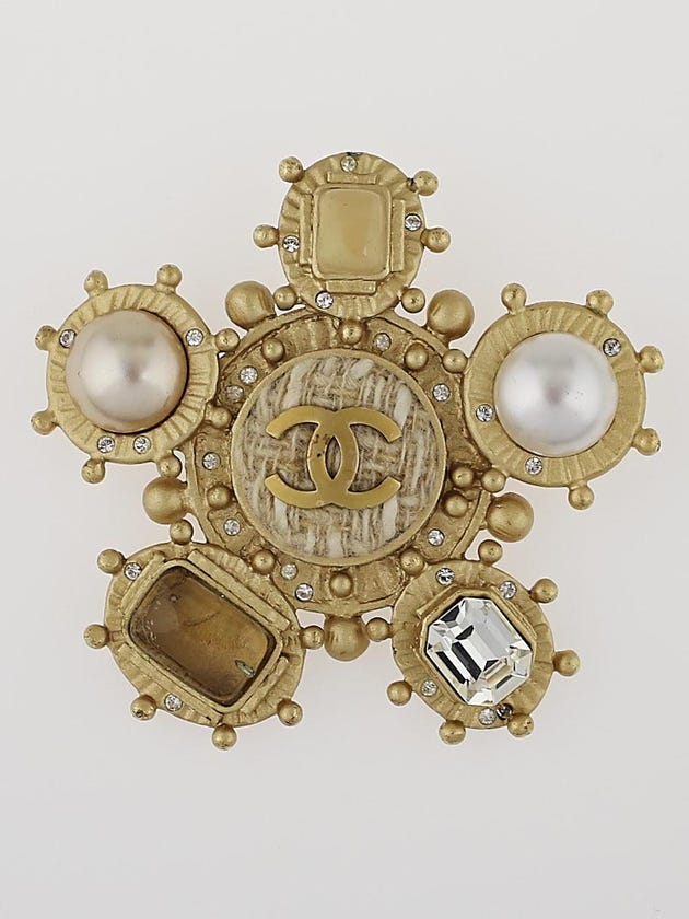Chanel Goldtone and Gripoix Poured Glass CC Brooch