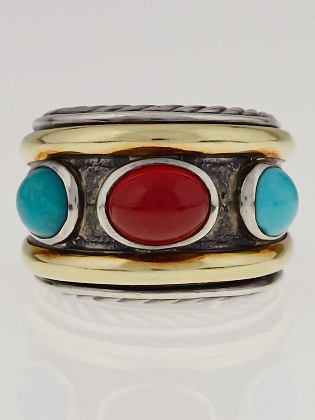 David Yurman Sterling Silver Carnelian and Turquoise Renaissance Ring Size 7