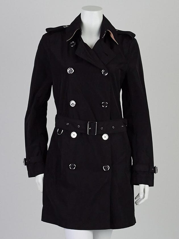 Burberry Brit Black Polyester Buckingham Packable Trench Coat Size 8