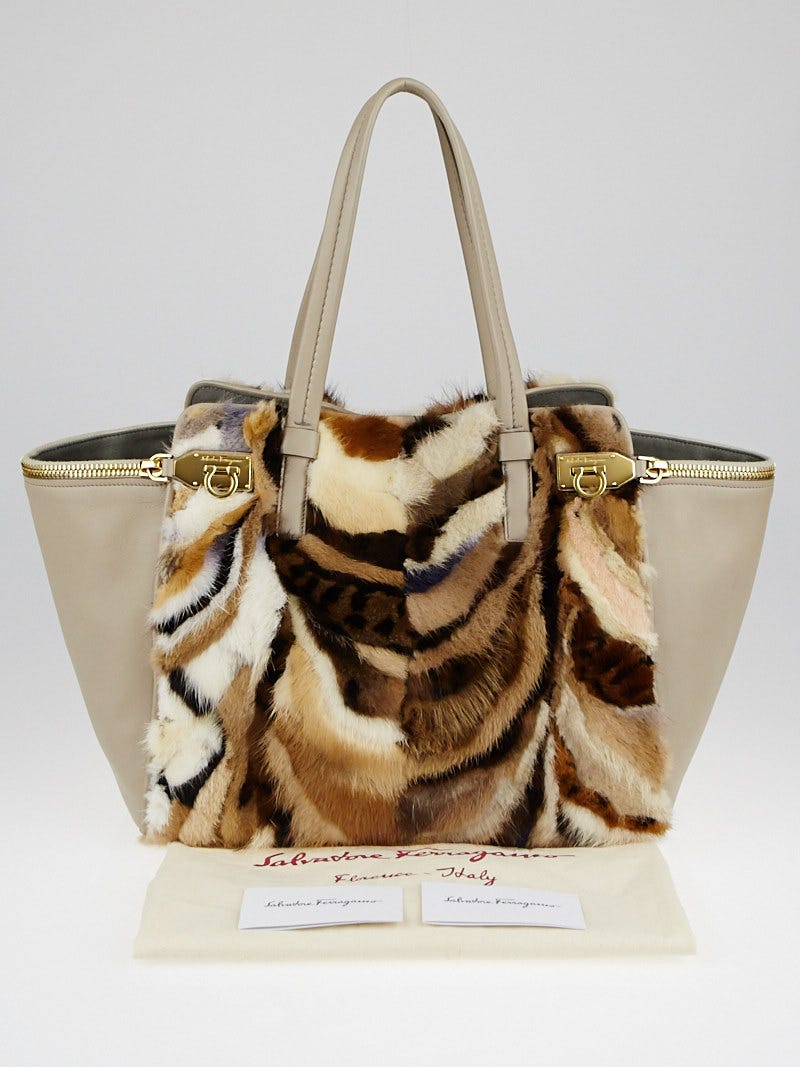 Salvatore Ferragamo Natural Fox Fur and Leather Large Verve Tote