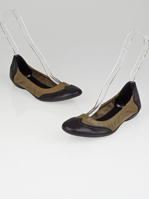 Hermes Etoupe and Black Box Leather Brogue Carina Ballet Flats Size 6.5/37