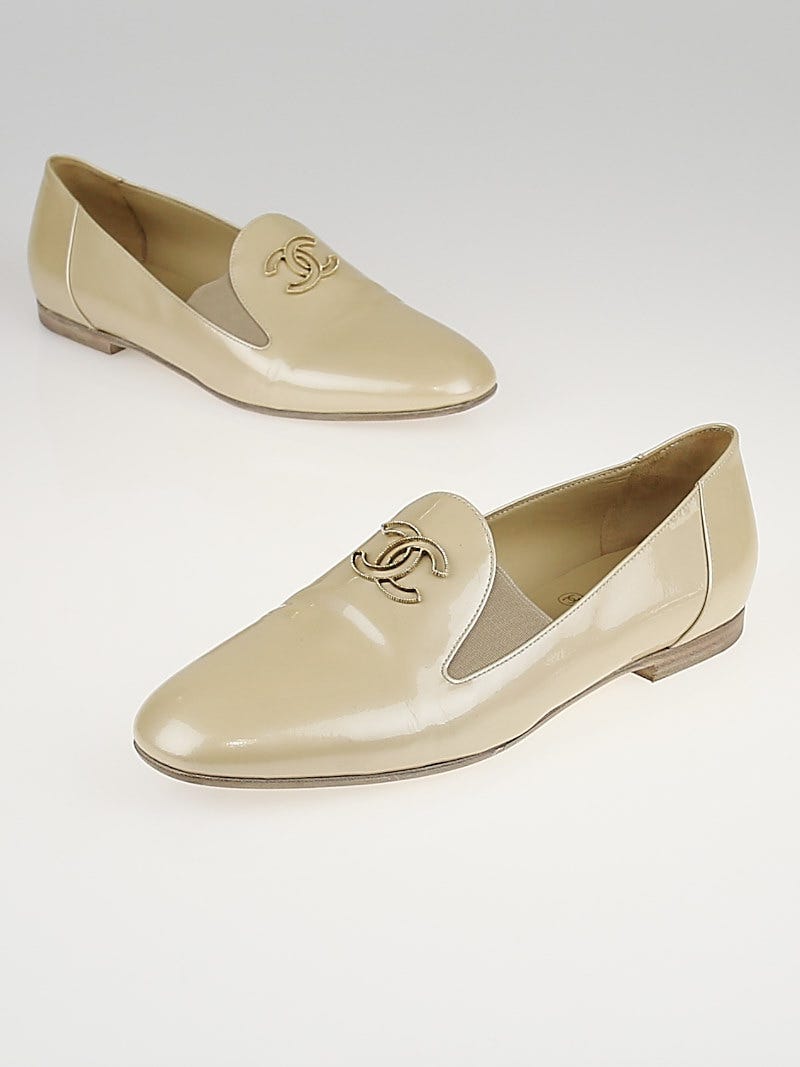 Chanel Beige Patent Leather CC Loafers Size 6.5/37 - Yoogi's Closet