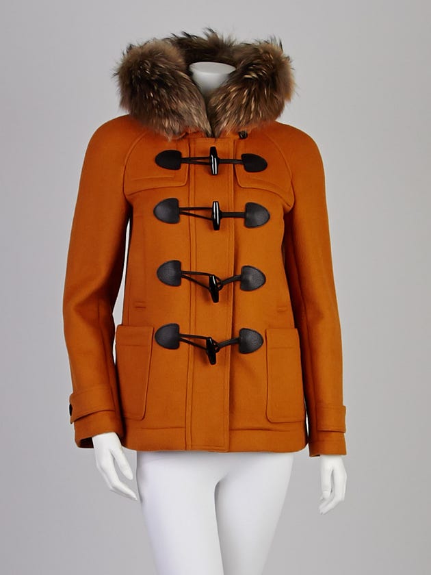 Burberry Brit Pumpkin Wool and Raccoon Fur Trim Yorkdale Coat Size 2