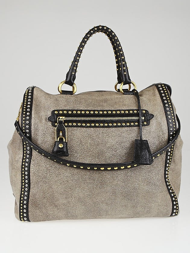 Prada Talco Craquele Leather Studded Bauletto Tote Bag