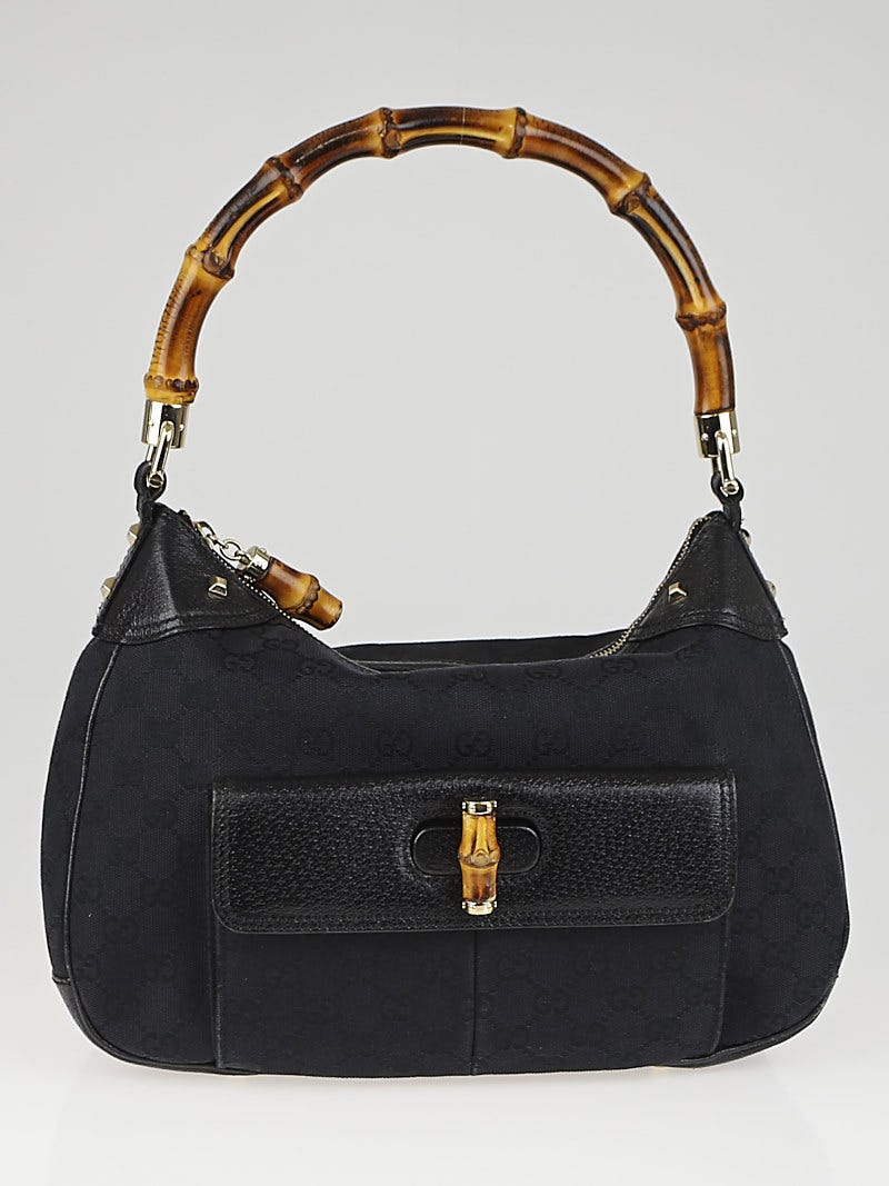 Gucci Black GG Canvas Bamboo Top Handle Bag