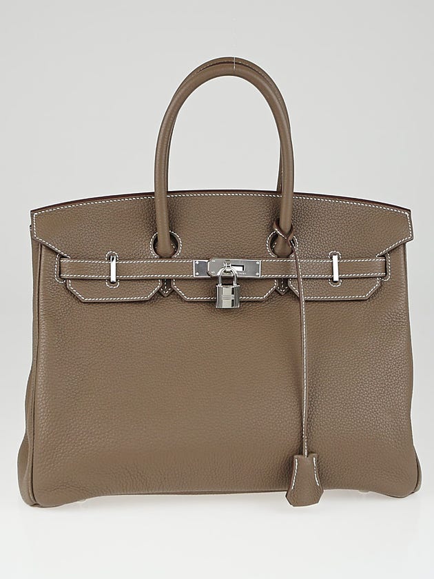Hermes 35cm Etoupe Clemence Leather Palladium Plated Birkin Bag
