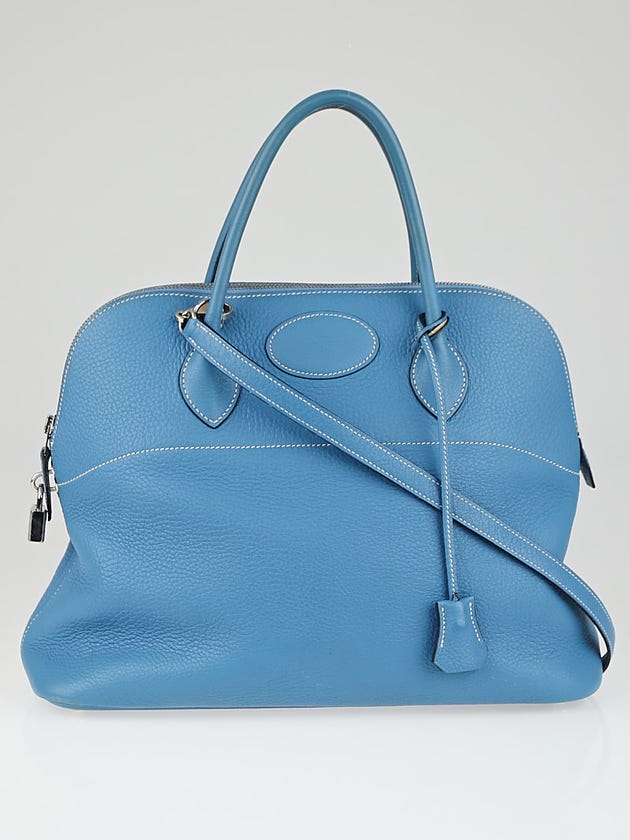 Hermes 35cm Blue Jean Clemence Leather Palladium Plated Bolide Bag