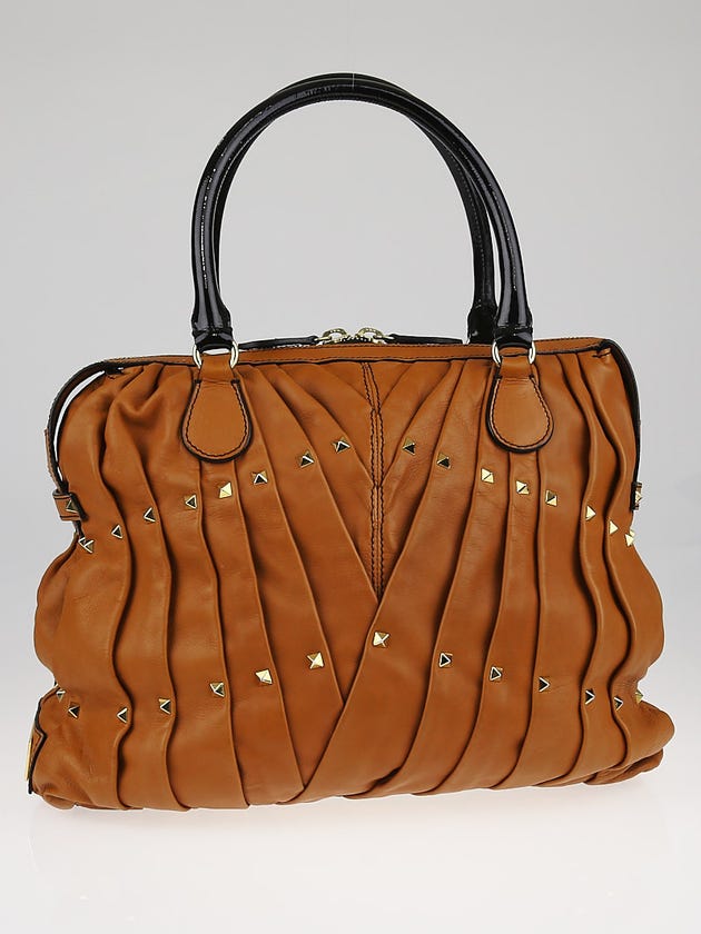 Valentino Garavani Brown Leather Maison Pintucked Shopper Tote Bag 