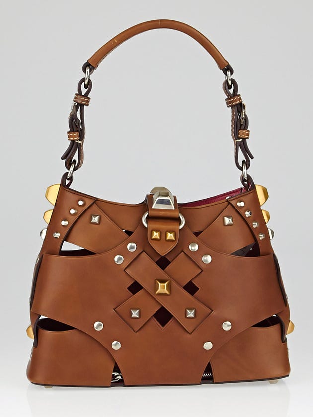Prada Brown Nocciolo Vitello Leather Studded Cross Bag BR2416 