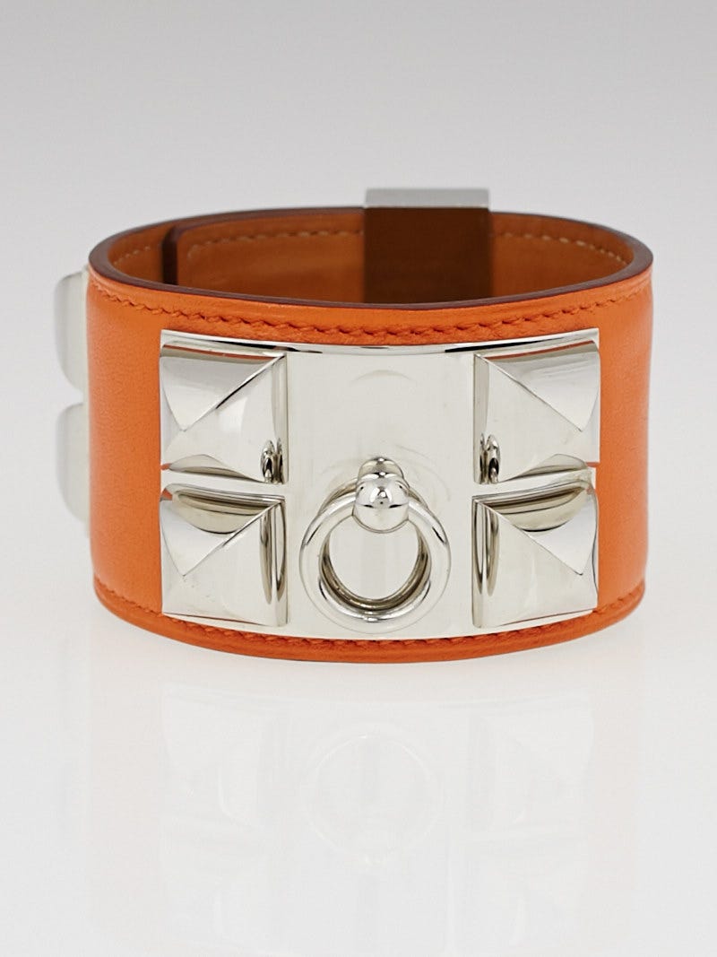 Hermes Orange Swift Leather Palladium Plated Collier de Chien Cuff Bracelet Size S