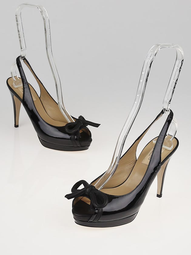 Valentino Black Patent Leather Bow Peep Toe Slingback Pumps Size 6.5/37
