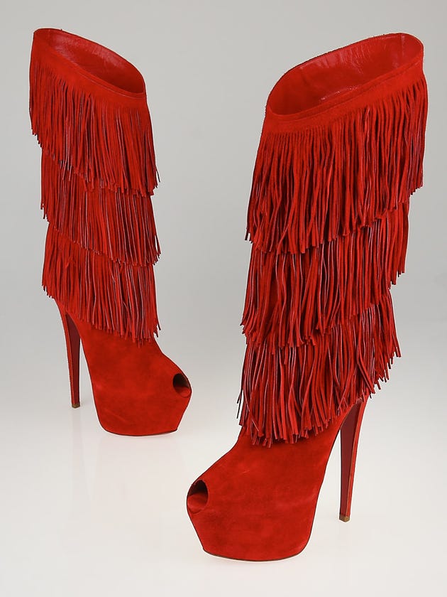 Christian Louboutin 20th Anniversary Mandarin Red Suede Fringe Highness Tina 160 Boots Size 8/38.5