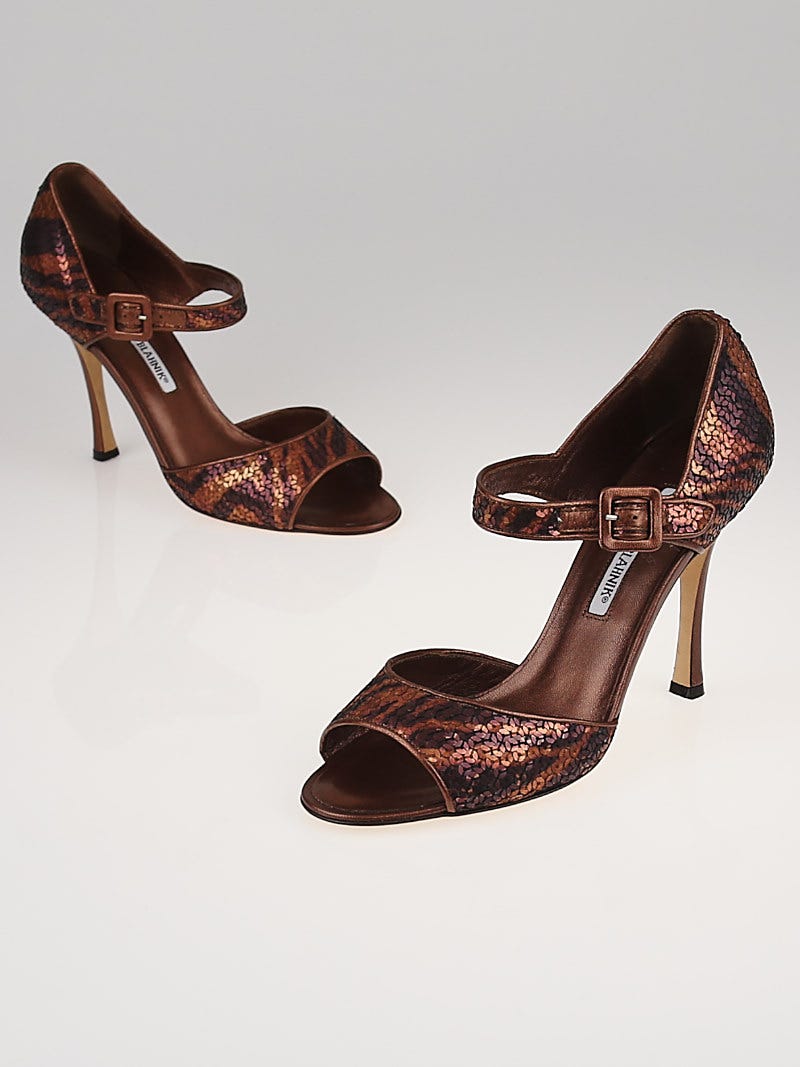 Manolo Blahnik Bronze Sequin Open-Toe Mary Jane Heels Size Manolo Blahnik Bronze Sequin Open-Toe Mary Jane Heels Size