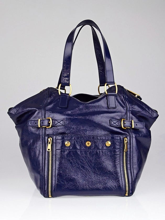 Yves Saint Laurent Navy Blue Patent Leather Large Downtown Tote Bag