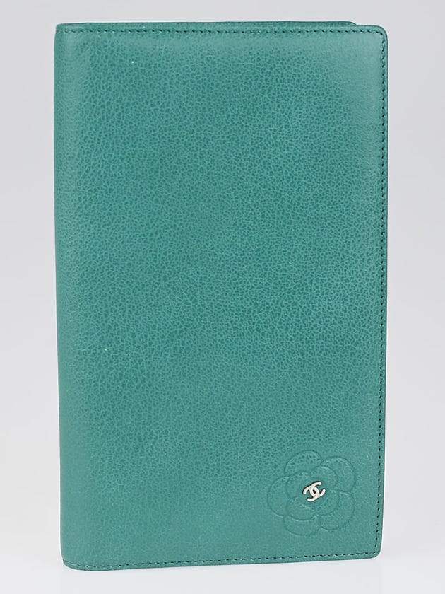Chanel Green Leather Camellia Long Flap Wallet