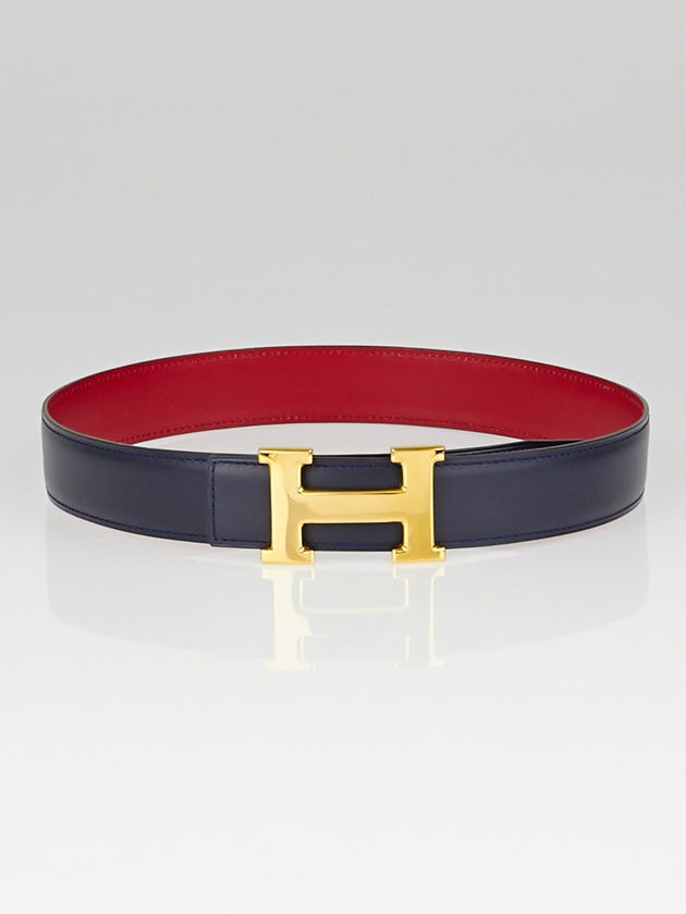 Hermes 32mm Navy Blue/Rouge Box Leather Gold Plated Constance H Belt Size 65