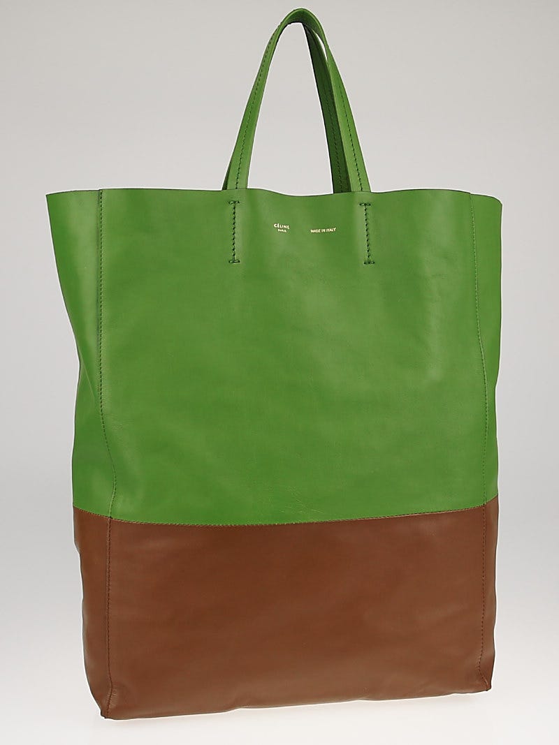 Celine Green Brown Lambskin Leather Vertical Bi Cabas Tote Bag