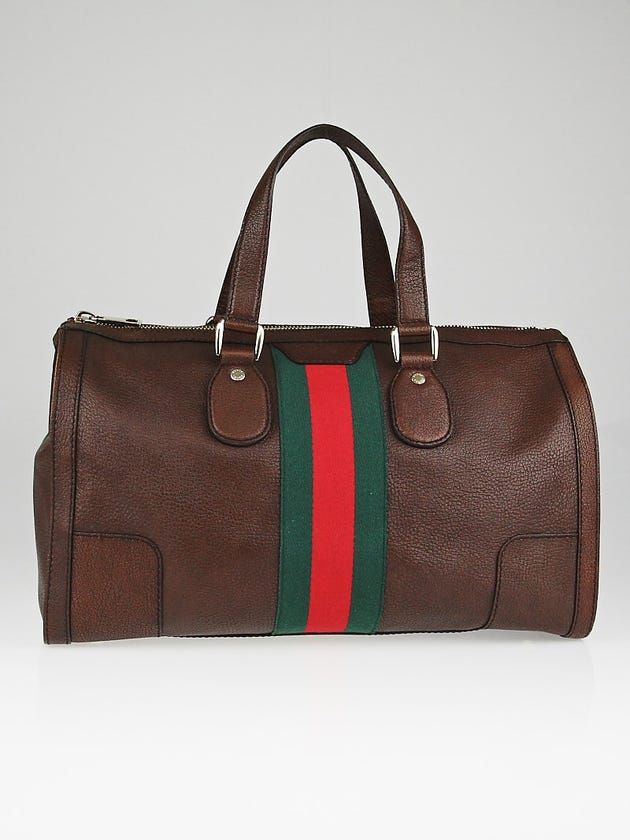 Gucci Brown Leather Signature Web Seventies Medium Tote Bag