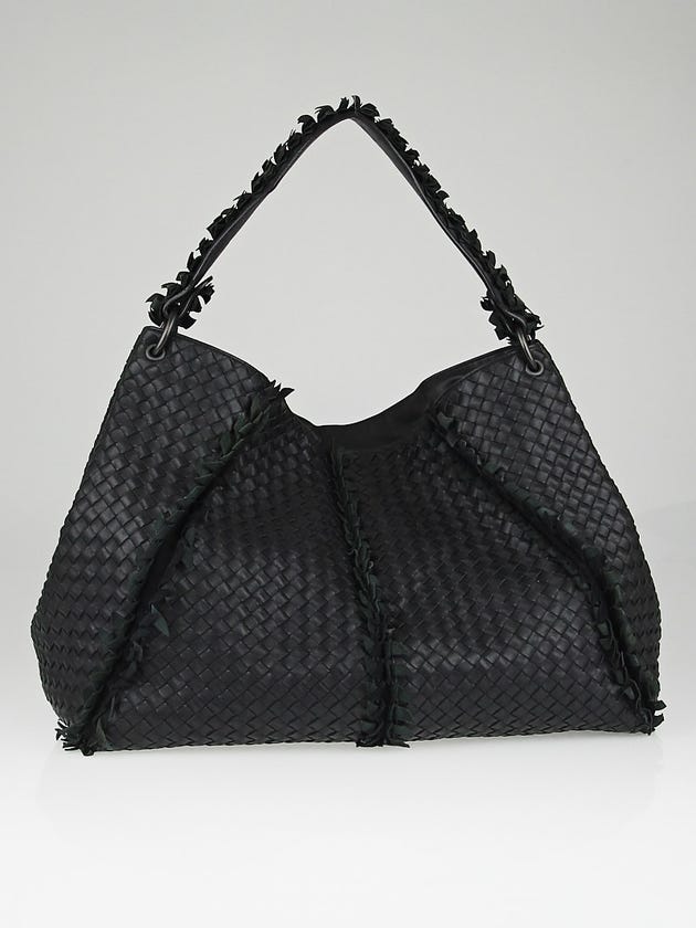 Bottega Veneta Black Intrecciato Fringe Woven Nappa Leather Large Shoulder Bag