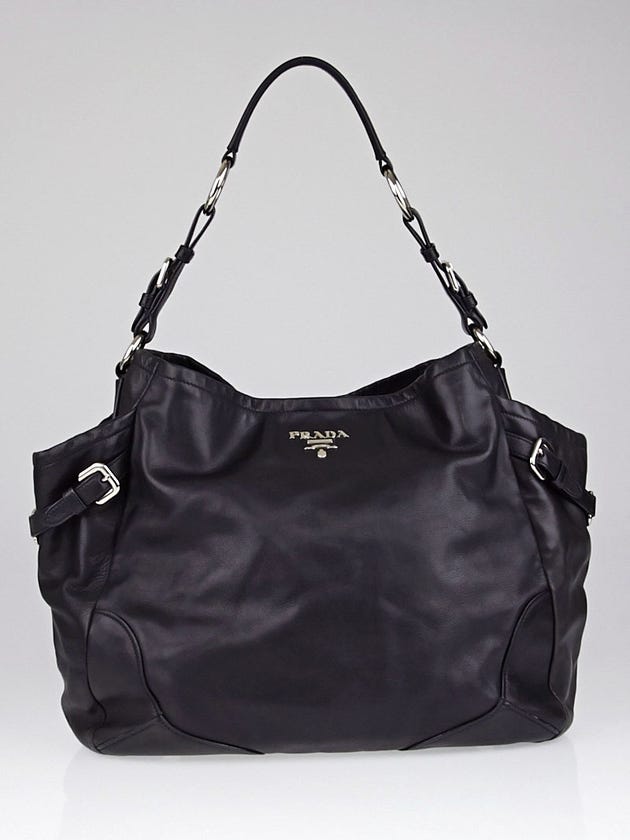 Prada Black Soft Calf Leather Double Pocket Hobo Bag