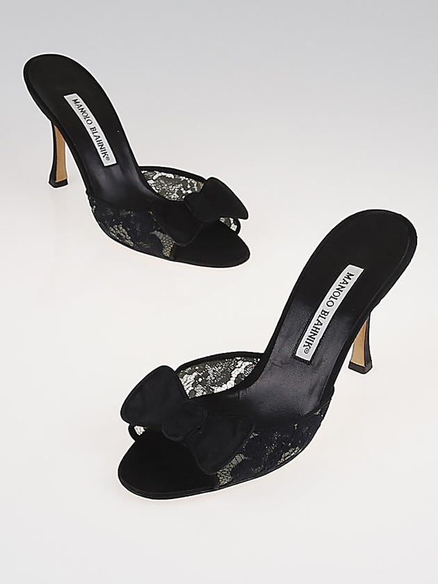 Manolo Blahnik Black Satin Lace Bow Slide Heels Size 5.5/36