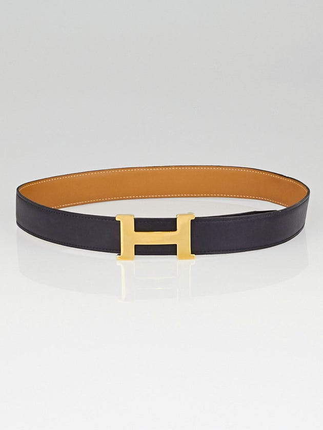 Hermes 30mm Black Box/Natural Barenia Leather Gold Plated Constance H Belt Size 70
