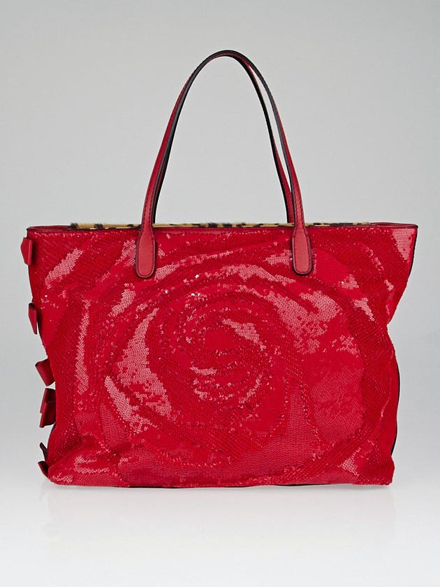 Valentino Garavani Red Nappa Leather Rose Sequin Couture Tote Bag 