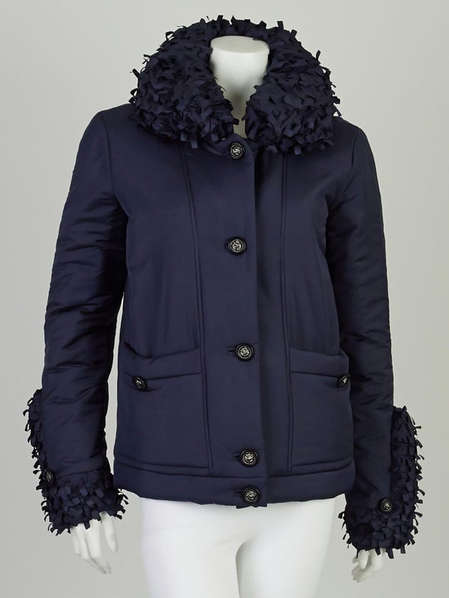 Chanel Navy Blue Polyester Blend Down Ruffle Puffer Jacket Size 4/38