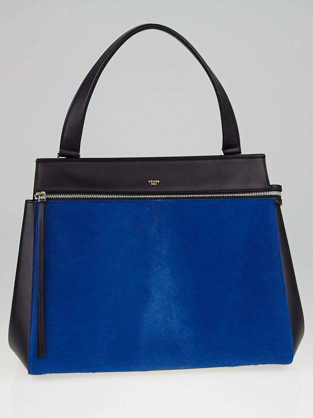 Celine Black Calfskin Leather and Blue Pony Hair Medium Edge Shoulder Bag