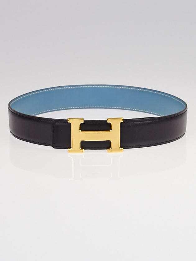 Hermes 32mm Black/Blue Jean Box Leather Gold Plated Constance H Belt Size 65