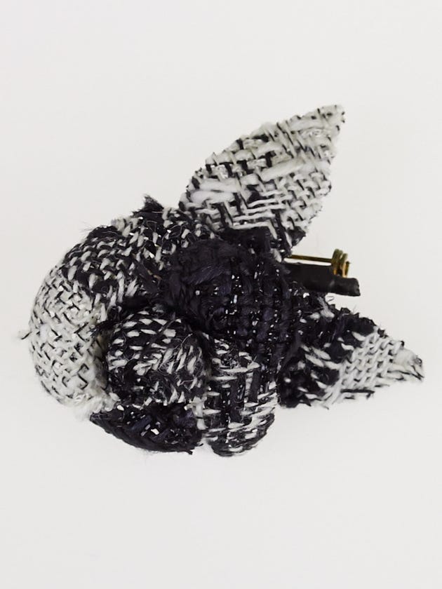Chanel Black/White Wool Tweed Small Camellia Brooch