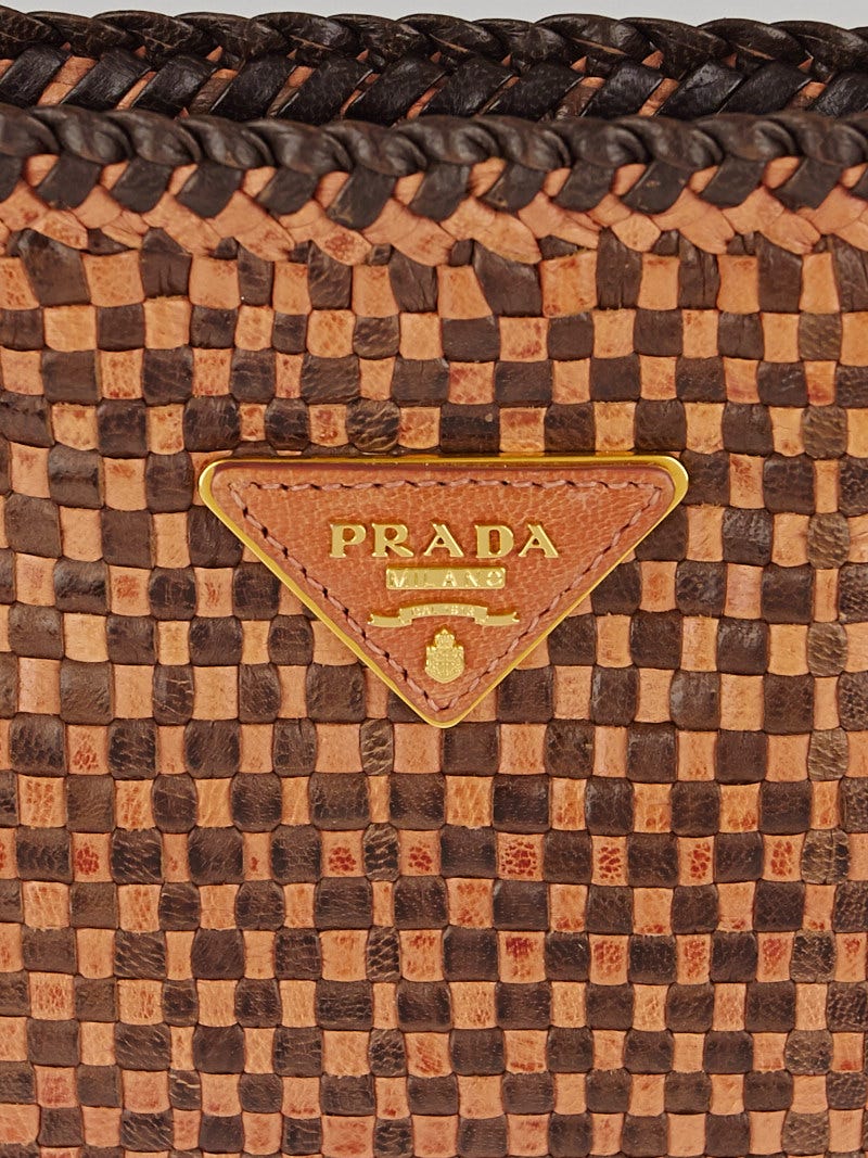 Prada Petalo/Caffe Woven Madras Goatskin Leather Clutch Bag BP0406 -  Yoogi's Closet