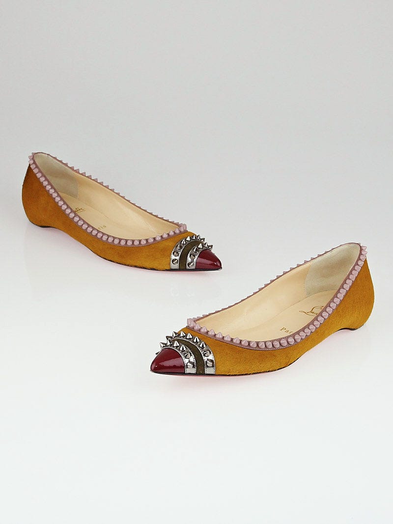 Christian Louboutin Cognac Calf Hair Spiked Malabar Hill Pointed Toe Flats Size 8.5/39