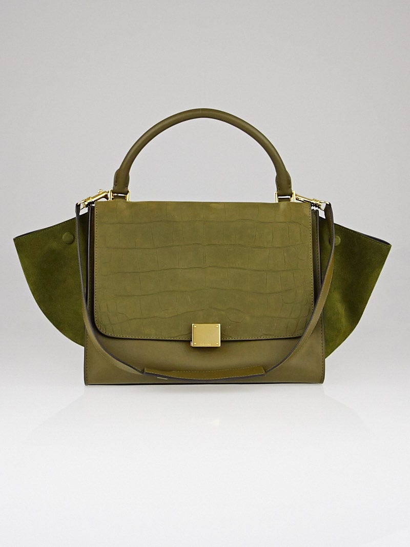 Celine Olive Stamped Crocodile Nubuck and Leather Small