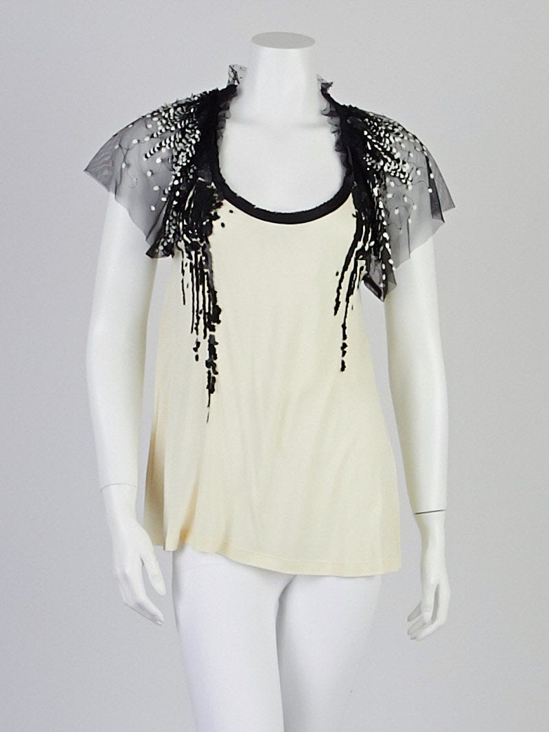 【VALENTINO】アイボリー シースルートップス Valentino Cream Viscose Sequin-Embellished Jersey Top Size 8