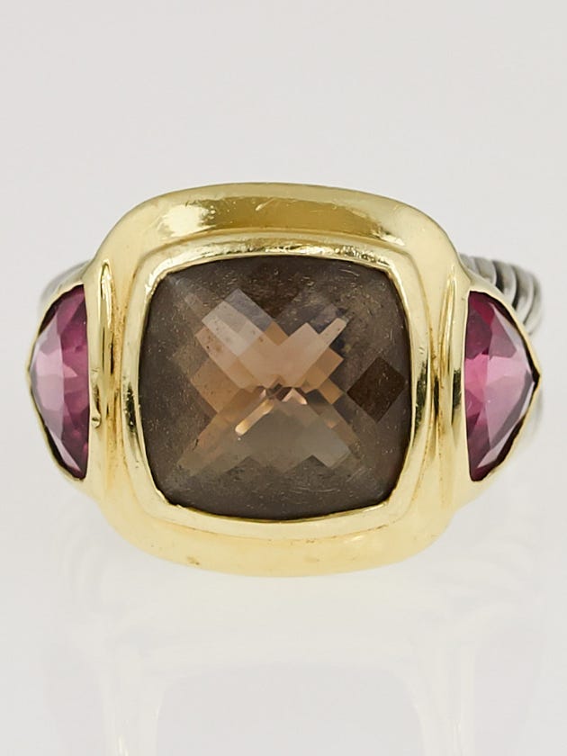 David Yurman Sterling Silver Cable with Smoky Quartz and Pink Tourmaline Albion Ring Size 7