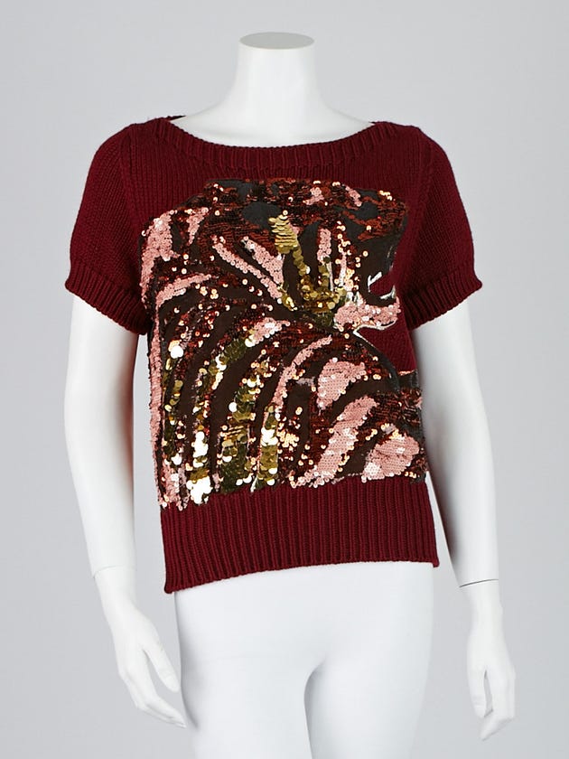 Louis Vuitton Burgundy Cotton/Cashmere Knit Sequin Tiger Sweater Size S