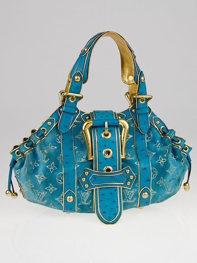 Louis Vuitton Limited Edition Turquoise Monogram Suede Ostrich Theda GM Bag