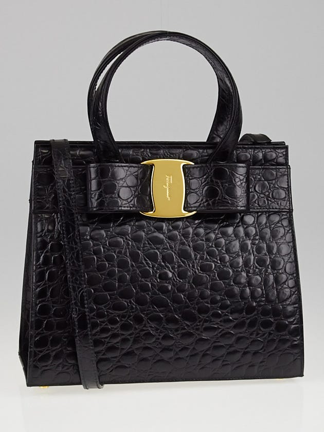 Salvatore Ferragamo Black Crocodile Embossed Leather Vara Bow Bag