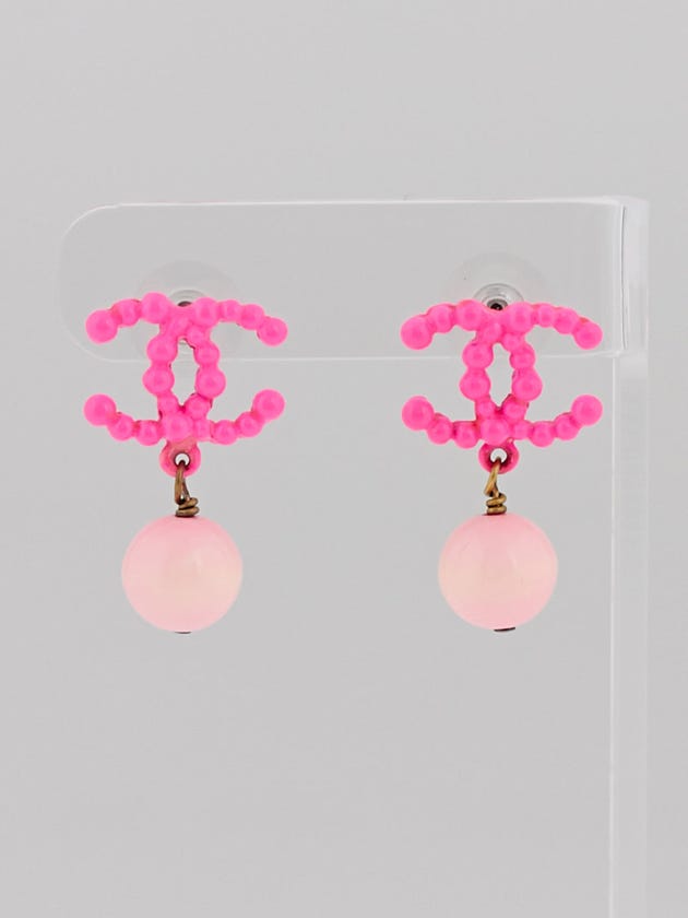 Chanel Pink Enamel CC and Bead Drop Earrings