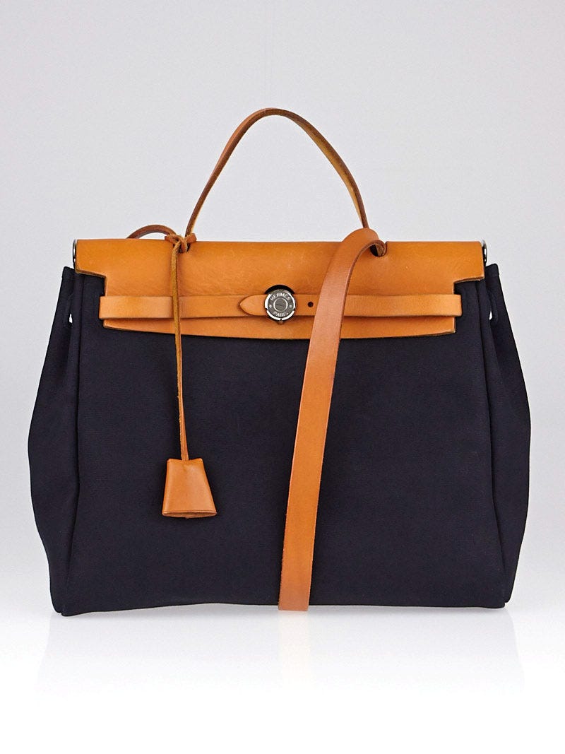 Hermes 30cm Black Canvas and Vache Calfskin Leather 2-In-1 Herbag