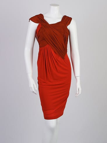 Donna Karan Orange Splash Viscose Jersey Draped Dress Size P | Yoogi's Closet Donna Karan Orange Splash Viscose Jersey Draped Dress Size P | Yoogi's Closet