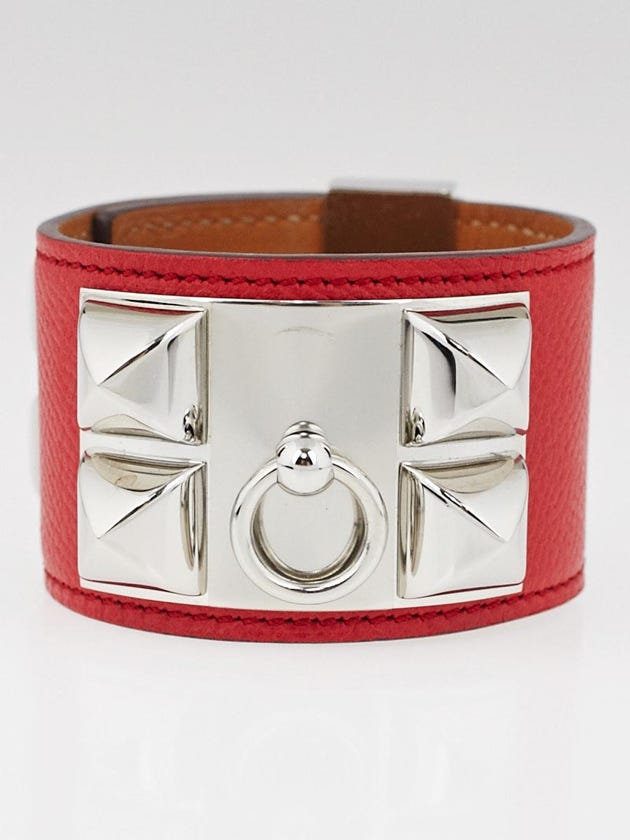 Hermes Rouge Casaque Epsom Leather Palladium Plated Collier de Chien Cuff Bracelet Size S