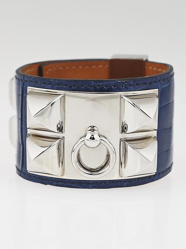 Hermes Bleu Roi Shiny Lisse Alligator Palladium Plated Collier de Chien Cuff Bracelet Size S