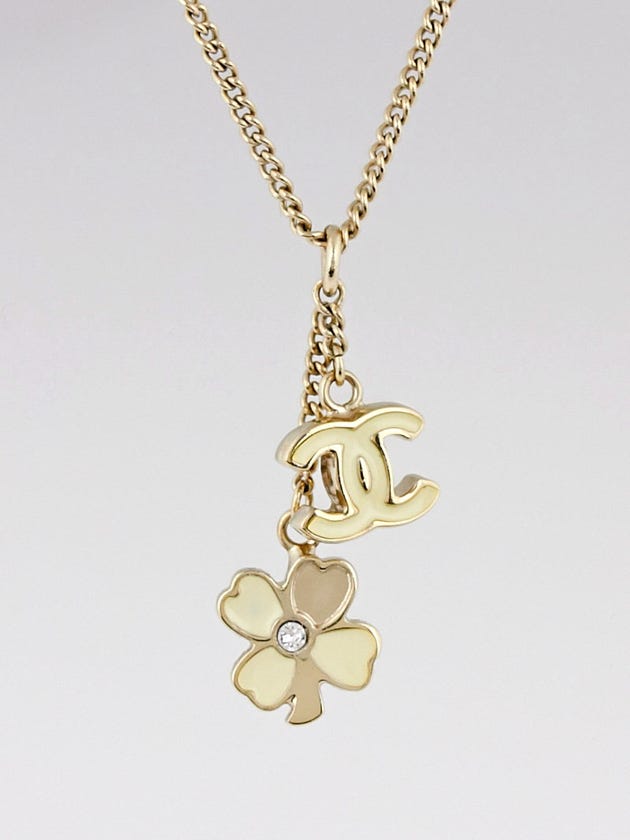 Chanel Gold Chain and White Enamel CC and Clover Pendant Necklace