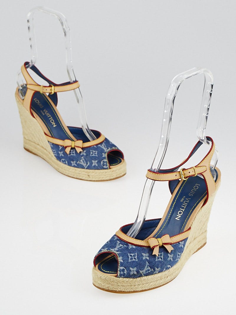 Louis Vuitton Blue Denim Monogram Denim Espadrille Wedges Size 8.5