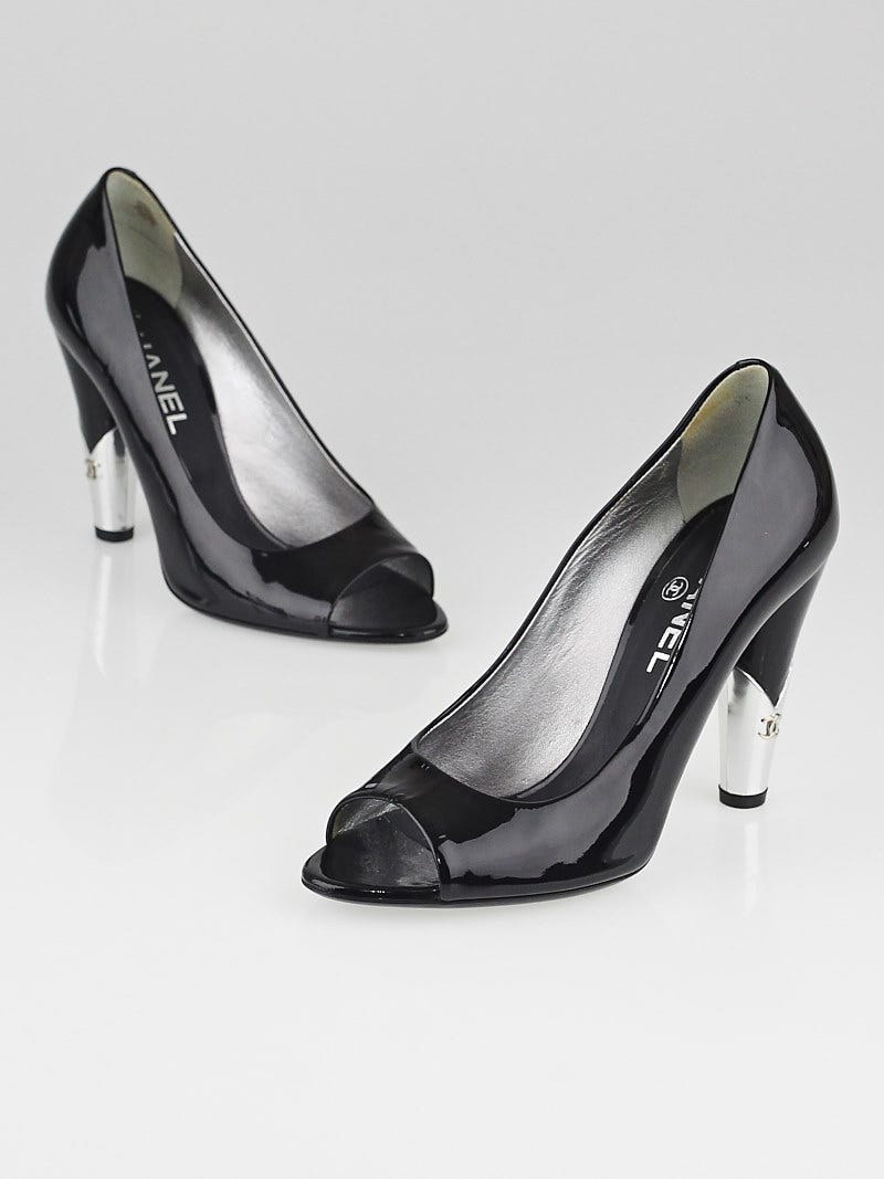 Chanel Black Patent Leather Peep Toe Pumps Size /37 - Yoogi's Closet